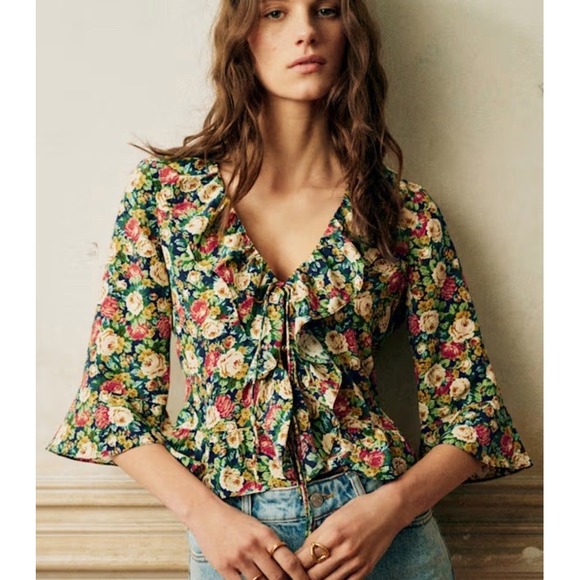 Sezane Tops - Sézane Yseline Shirt Alicante Blue Print Sz 42 Silk Floral Ruffle